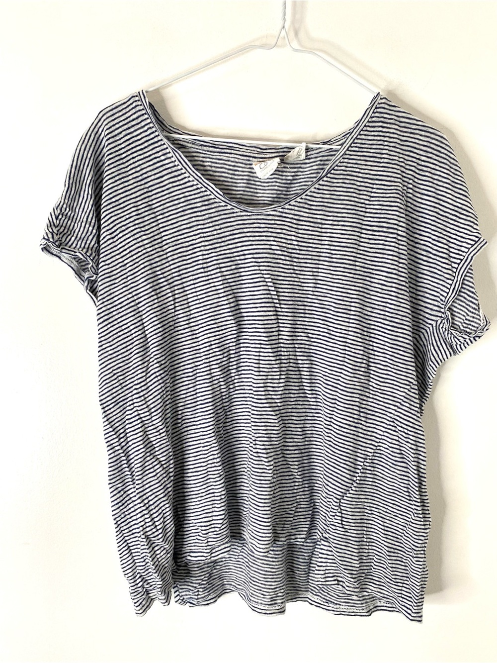 C&C California Navy Blue White Striped 100% Linen Relaxed Tee Coastal Top